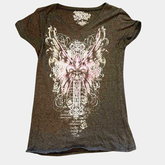 2000s Fifth Sun V-Neck Graphic Tee Size Medium Grey Pink Cross Fleur de Lis Y2K - Picture 1 of 5